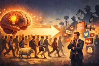 Ilustrácia mozgu šetriaceho energiu nasledovaním davu, informačná kaskáda a vplyv sociálnych sietí na rozhodovanie