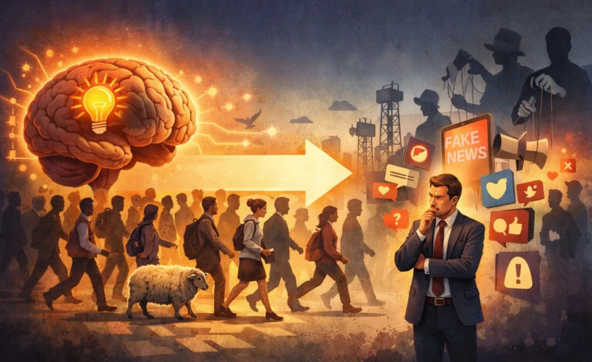 Ilustrácia mozgu šetriaceho energiu nasledovaním davu, informačná kaskáda a vplyv sociálnych sietí na rozhodovanie