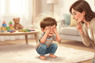 Dieťa hrajúce sa na schovávačku so zakrytými očami ilustrujúce vývoj teórie mysle v predškolskom veku.