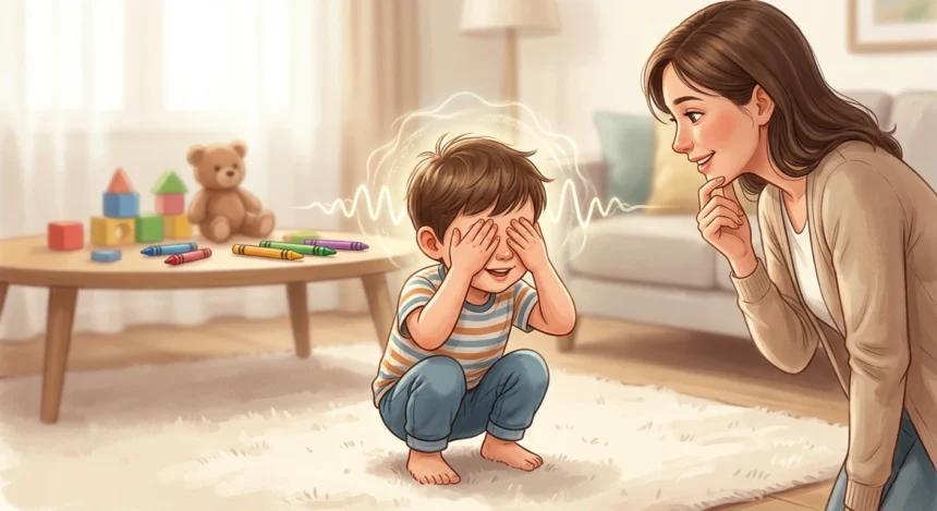 Dieťa hrajúce sa na schovávačku so zakrytými očami ilustrujúce vývoj teórie mysle v predškolskom veku.