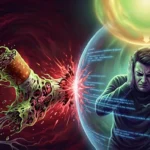 Surrealistická vizuálna metafora závislosti: Rozpoltená hlava zobrazuje konflikt medzi biologickým algoritmom (červená strana s neurónmi a cigaretou) a vedomým oslobodením (modrá strana s jasnou neurónovou sieťou).