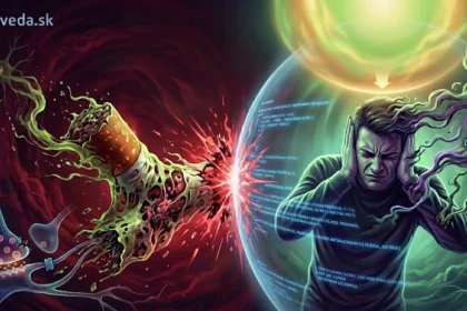 Surrealistická vizuálna metafora závislosti: Rozpoltená hlava zobrazuje konflikt medzi biologickým algoritmom (červená strana s neurónmi a cigaretou) a vedomým oslobodením (modrá strana s jasnou neurónovou sieťou).