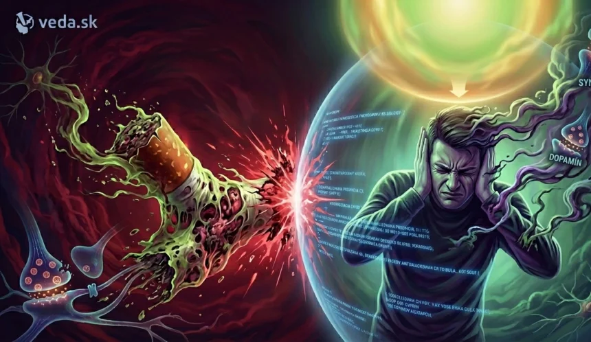 Surrealistická vizuálna metafora závislosti: Rozpoltená hlava zobrazuje konflikt medzi biologickým algoritmom (červená strana s neurónmi a cigaretou) a vedomým oslobodením (modrá strana s jasnou neurónovou sieťou).