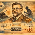 Umelecký portrét Norberta Wienera s diagramom spätnej väzby a kybernetickými prvkami