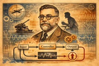 Umelecký portrét Norberta Wienera s diagramom spätnej väzby a kybernetickými prvkami