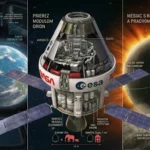 Komplexná infografika misie Artemis II: Pohľad na Zem z okna Orionu, technický prierez kabínou s osádkou podľa proporcií ESA a vedecký výskum slnečnej koróny pri Mesiaci.