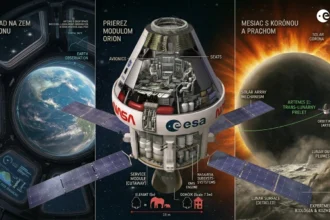 Komplexná infografika misie Artemis II: Pohľad na Zem z okna Orionu, technický prierez kabínou s osádkou podľa proporcií ESA a vedecký výskum slnečnej koróny pri Mesiaci.