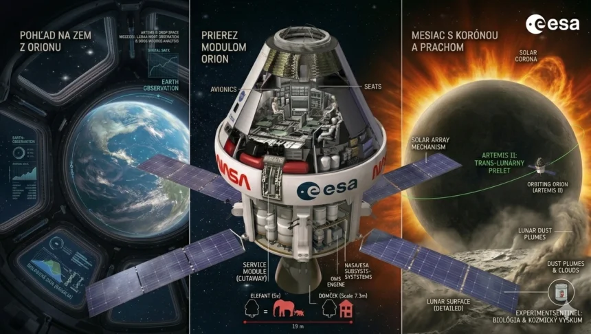 Komplexná infografika misie Artemis II: Pohľad na Zem z okna Orionu, technický prierez kabínou s osádkou podľa proporcií ESA a vedecký výskum slnečnej koróny pri Mesiaci.