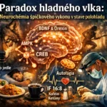 Ilustrácia zobrazujúca vplyv prerušovaného pôstu na mozog: aktivácia AMPK, BDNF a orexínu zvyšuje pozornosť, zatiaľ čo po jedle dochádza k útlmu a ospalosti.