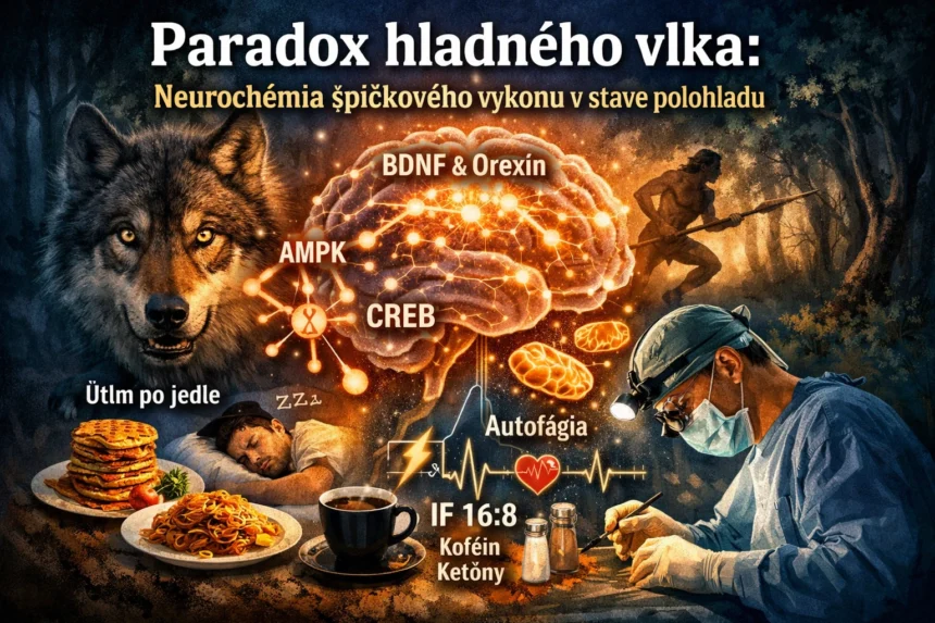 Ilustrácia zobrazujúca vplyv prerušovaného pôstu na mozog: aktivácia AMPK, BDNF a orexínu zvyšuje pozornosť, zatiaľ čo po jedle dochádza k útlmu a ospalosti.