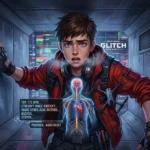 Alt Text (Alternatívny popis): Chlapec Hugo v technologickej bunde prekonáva panický atak v úzkej ventilačnej šachte. Na obrázku je holografický biometrický skener znázorňujúci nervovú sústavu, srdce a pľúca s textom o stimulácii vagusového nervu.