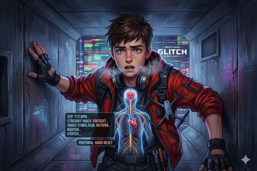 Alt Text (Alternatívny popis): Chlapec Hugo v technologickej bunde prekonáva panický atak v úzkej ventilačnej šachte. Na obrázku je holografický biometrický skener znázorňujúci nervovú sústavu, srdce a pľúca s textom o stimulácii vagusového nervu.