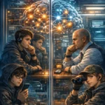 Ilustrácia k pribehu Protokol 02 Zrkadlový efekt zobrazujúca dvoch mužov za sklom v psychologickom zrkadlení s vizualizáciou mozgu a neurónových spojení.