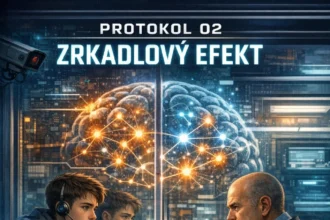 Ilustrácia k pribehu Protokol 02 Zrkadlový efekt zobrazujúca dvoch mužov za sklom v psychologickom zrkadlení s vizualizáciou mozgu a neurónových spojení.
