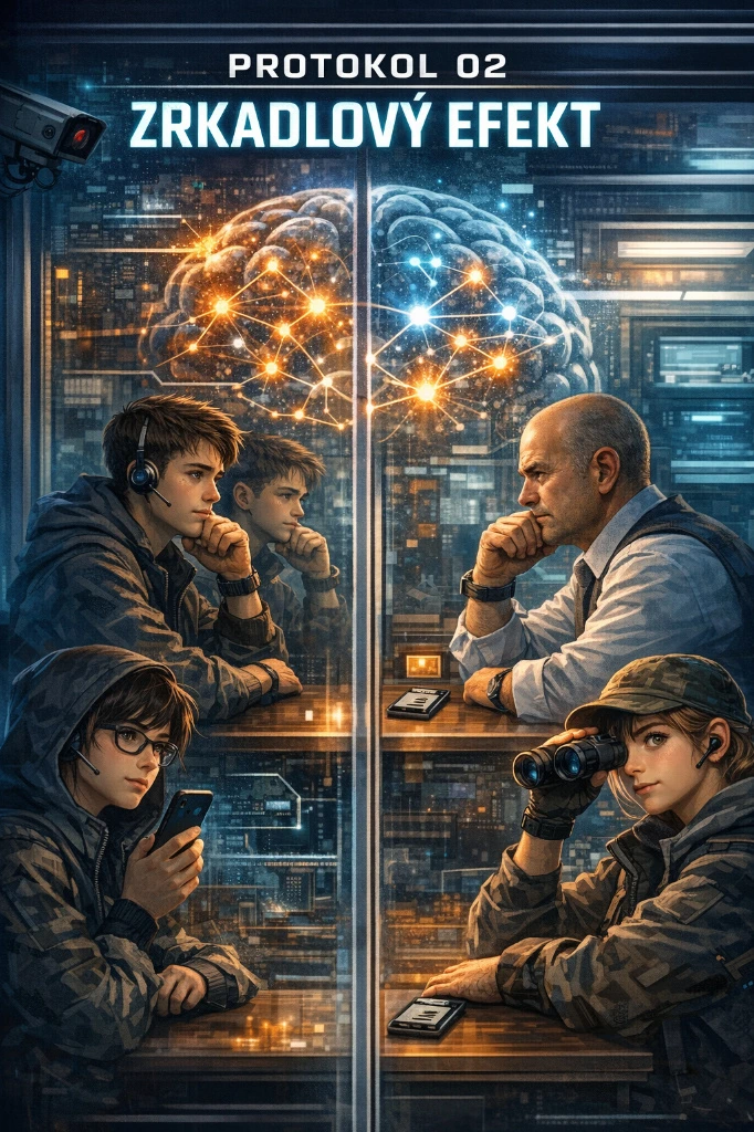 Ilustrácia k pribehu Protokol 02 Zrkadlový efekt zobrazujúca dvoch mužov za sklom v psychologickom zrkadlení s vizualizáciou mozgu a neurónových spojení.