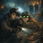 Mladí operatívci v tmavej opustenej priemyselnej hale počas nočnej misie, využívajú prirodzené nočné videnie a čelovku proti nepriateľom s nočnými okuliarmi