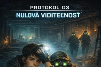 Mladí operatívci v tmavej opustenej priemyselnej hale počas nočnej misie, využívajú prirodzené nočné videnie a čelovku proti nepriateľom s nočnými okuliarmi