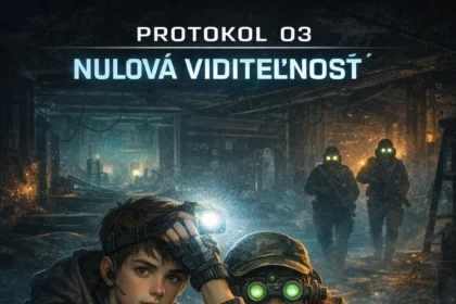 Mladí operatívci v tmavej opustenej priemyselnej hale počas nočnej misie, využívajú prirodzené nočné videnie a čelovku proti nepriateľom s nočnými okuliarmi