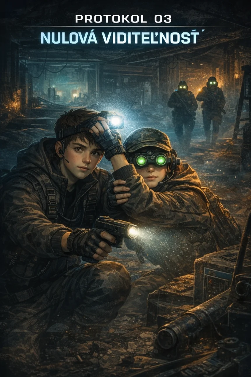 Mladí operatívci v tmavej opustenej priemyselnej hale počas nočnej misie, využívajú prirodzené nočné videnie a čelovku proti nepriateľom s nočnými okuliarmi