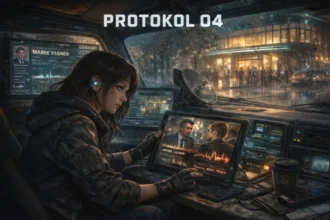 Mladá analytička v sledovacej dodávke sleduje na tablete rozhovor a graf mikrotriašky hlasu, ktorý odhaľuje stres a lož muža na konferencii.