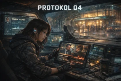 Mladá analytička v sledovacej dodávke sleduje na tablete rozhovor a graf mikrotriašky hlasu, ktorý odhaľuje stres a lož muža na konferencii.