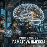 Ilustrácia k sci-fi protokolu zobrazujúca dvoch protagonistov – ženu s okuliarmi v maskáčovej bunde a muža so slúchadlami – v technologickom podzemí. Nad nimi sa vznáša holografický model ľudského mozgu so svetelnými uzlami a neurónovou sieťou.