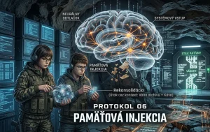 Ilustrácia k sci-fi protokolu zobrazujúca dvoch protagonistov – ženu s okuliarmi v maskáčovej bunde a muža so slúchadlami – v technologickom podzemí. Nad nimi sa vznáša holografický model ľudského mozgu so svetelnými uzlami a neurónovou sieťou.