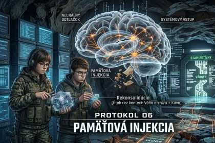 Ilustrácia k sci-fi protokolu zobrazujúca dvoch protagonistov – ženu s okuliarmi v maskáčovej bunde a muža so slúchadlami – v technologickom podzemí. Nad nimi sa vznáša holografický model ľudského mozgu so svetelnými uzlami a neurónovou sieťou.