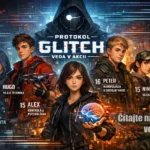 Ilustrácia tímu GLITCH: Päť mladých hrdinov (Alex, Hugo, Leo, Peter, Nina) pred futuristickým mestským pozadím s entitou Orbit v pozadí.