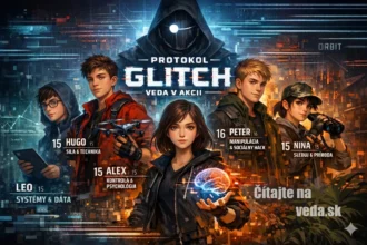 Ilustrácia tímu GLITCH: Päť mladých hrdinov (Alex, Hugo, Leo, Peter, Nina) pred futuristickým mestským pozadím s entitou Orbit v pozadí.