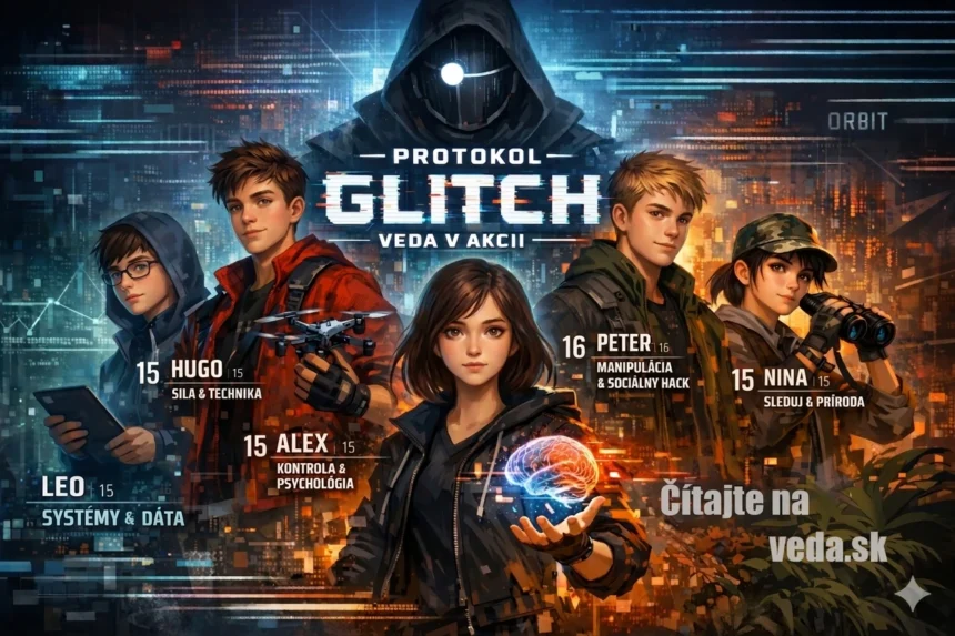 Ilustrácia tímu GLITCH: Päť mladých hrdinov (Alex, Hugo, Leo, Peter, Nina) pred futuristickým mestským pozadím s entitou Orbit v pozadí.