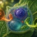 Ilustrácia rastlinnej bunky s mitochondriou a chloroplastom vzniknutými z pohltených baktérií