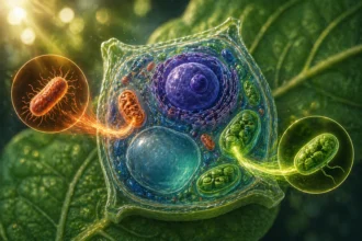 Ilustrácia rastlinnej bunky s mitochondriou a chloroplastom vzniknutými z pohltených baktérií