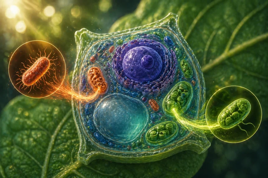 Ilustrácia rastlinnej bunky s mitochondriou a chloroplastom vzniknutými z pohltených baktérií