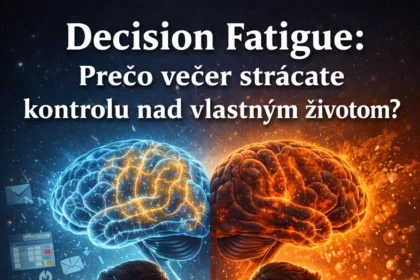 Ilustrácia decision fatigue: kontrast medzi produktívnym pracovným dňom a večerným vyčerpaním mozgu vedúcim k impulzívnym rozhodnutiam