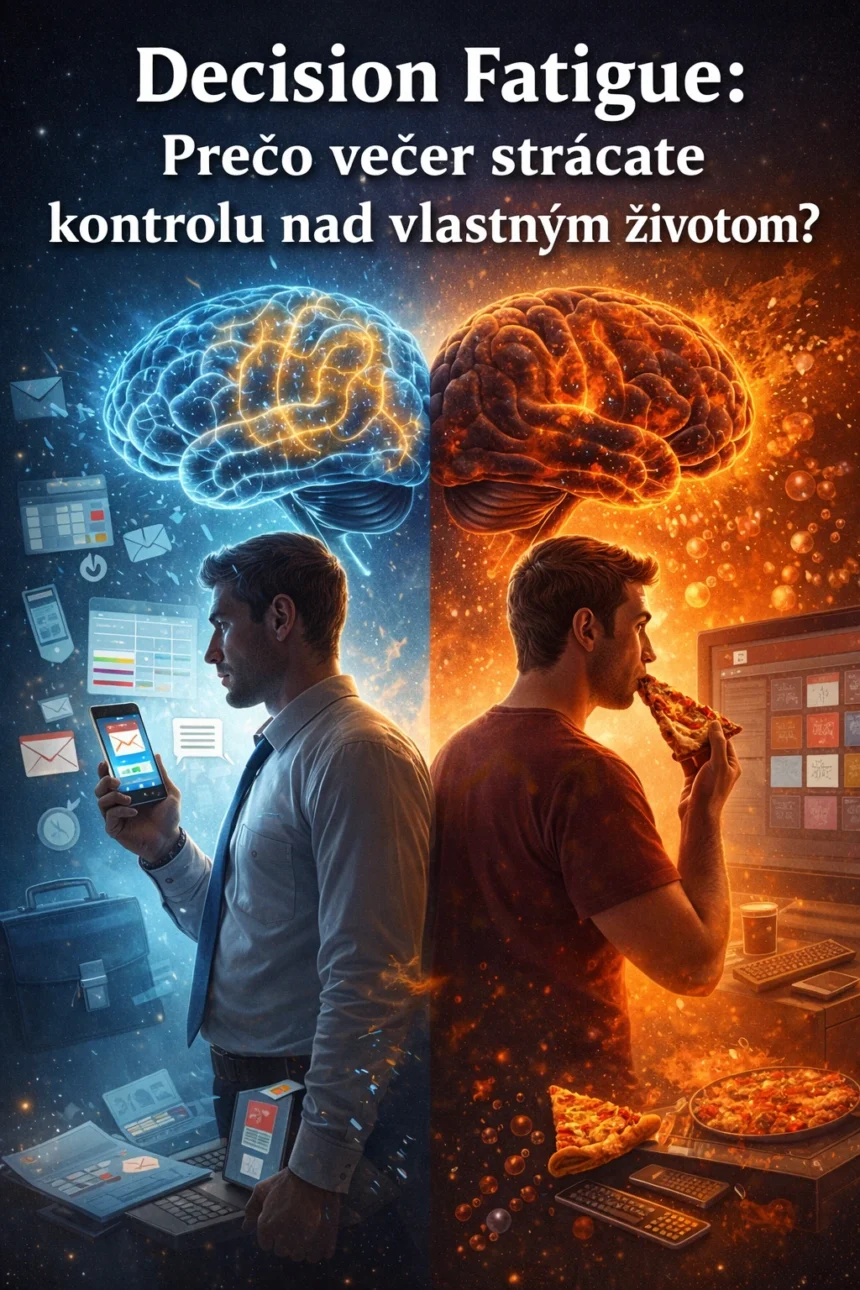 Ilustrácia decision fatigue: kontrast medzi produktívnym pracovným dňom a večerným vyčerpaním mozgu vedúcim k impulzívnym rozhodnutiam