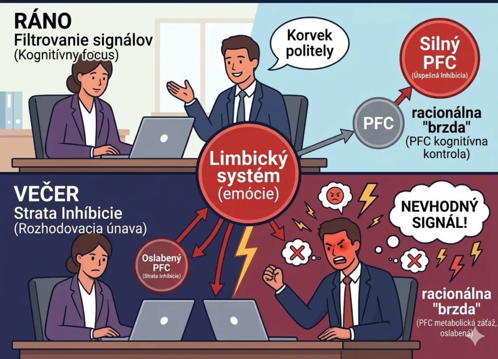 Scéna z kancelárie zobrazujúca rozdiel v sociálnej kontrole. Ráno (hore) žena pokojne filtruje signály a komunikuje zdvorilo. Večer (dole) je zobrazený „Loss of Inhibition“, kde limbický systém (emócie) preberá kontrolu nad oslabeným prefrontálnym kortexom (racionálna brzda), čo vedie k neprimeranej hnevej reakcii na malý podnet.