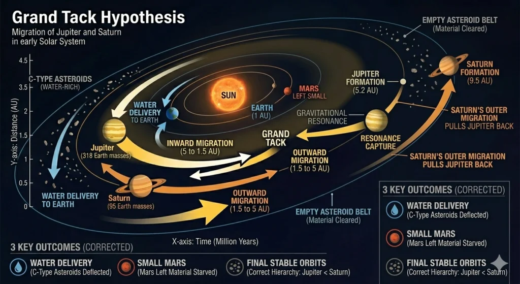 Vedecká schéma hypotézy Grand Tack zobrazujúca migráciu Jupitera a Saturna k Slnku a ich následný návrat, doplnená o graf orbitálneho vývoja a vplyv na doručenie vody na Zem.