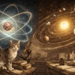 Schrödingerova mačka medzi modelom atómu a slnečnou sústavou v štýle vedeckej ilustrácie z roku 1926, znázorňujúca paralelu medzi kvantovou mechanikou a orbitmi planét