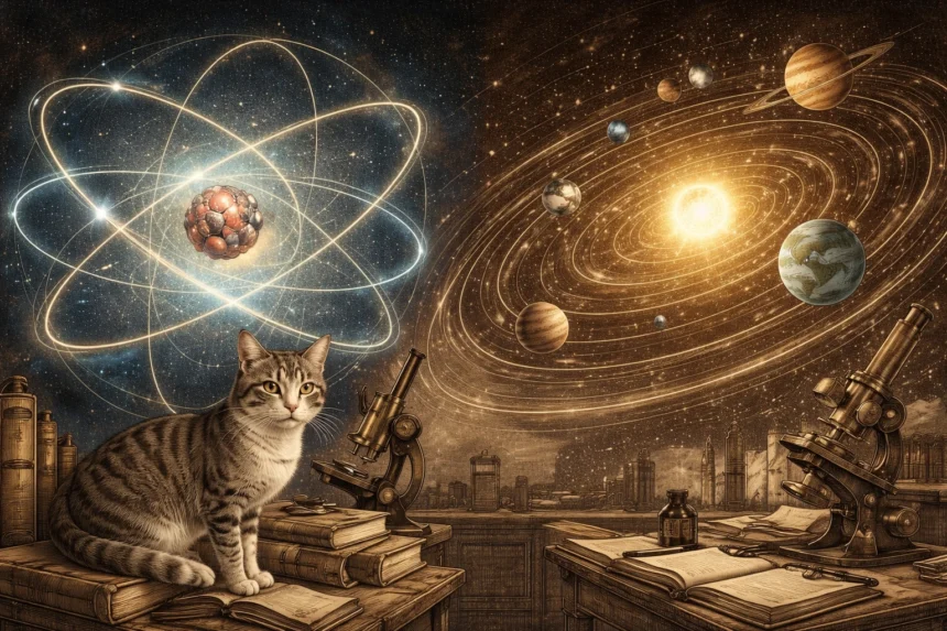 Schrödingerova mačka medzi modelom atómu a slnečnou sústavou v štýle vedeckej ilustrácie z roku 1926, znázorňujúca paralelu medzi kvantovou mechanikou a orbitmi planét