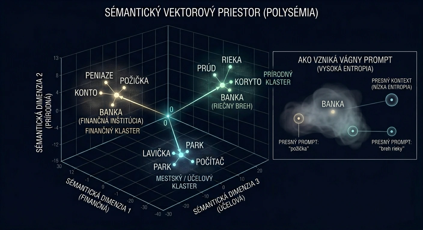Trojrozmerná vedecká schéma sémantického vektorového priestoru znázorňujúca klastre slov „banka“, „peniaze“ a „riečny breh“, vysvetľujúca princíp polysémie a znižovania entropie v AI.