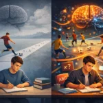 Porovnanie blokového učenia a interleavingu: na jednej strane hráč a študent opakujú rovnaké úlohy, na druhej strane čelia rôznym situáciám, ktoré aktivujú mozog a podporujú učenie.