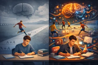 Porovnanie blokového učenia a interleavingu: na jednej strane hráč a študent opakujú rovnaké úlohy, na druhej strane čelia rôznym situáciám, ktoré aktivujú mozog a podporujú učenie.