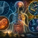 Umelecká a vedecká ilustrácia ľudského tela ako ekosystému. Zobrazené sú štyri kľúčové genetické zložky v bublinách: dvojzvitková jadrová DNA, mitochondriálna organela, bakteriálne kolónie v črevách a bakteriofágy (vírusy). Obrázok obsahuje aj symboly životného štýlu ako meditácia, spánok, fermentované potraviny a cirkadiánny rytmus, ktoré tieto genómy ovplyvňujú.