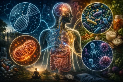 Umelecká a vedecká ilustrácia ľudského tela ako ekosystému. Zobrazené sú štyri kľúčové genetické zložky v bublinách: dvojzvitková jadrová DNA, mitochondriálna organela, bakteriálne kolónie v črevách a bakteriofágy (vírusy). Obrázok obsahuje aj symboly životného štýlu ako meditácia, spánok, fermentované potraviny a cirkadiánny rytmus, ktoré tieto genómy ovplyvňujú.