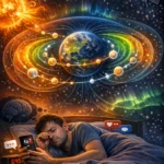 Unavený muž leží ráno v posteli a pozerá do telefónu s indexom Kp 7, zatiaľ čo nad Zemou sú zobrazené Van Allenove radiačné pásy a slnečná aktivita.