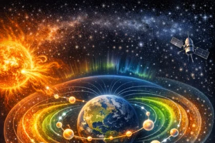 Unavený muž leží ráno v posteli a pozerá do telefónu s indexom Kp 7, zatiaľ čo nad Zemou sú zobrazené Van Allenove radiačné pásy a slnečná aktivita.