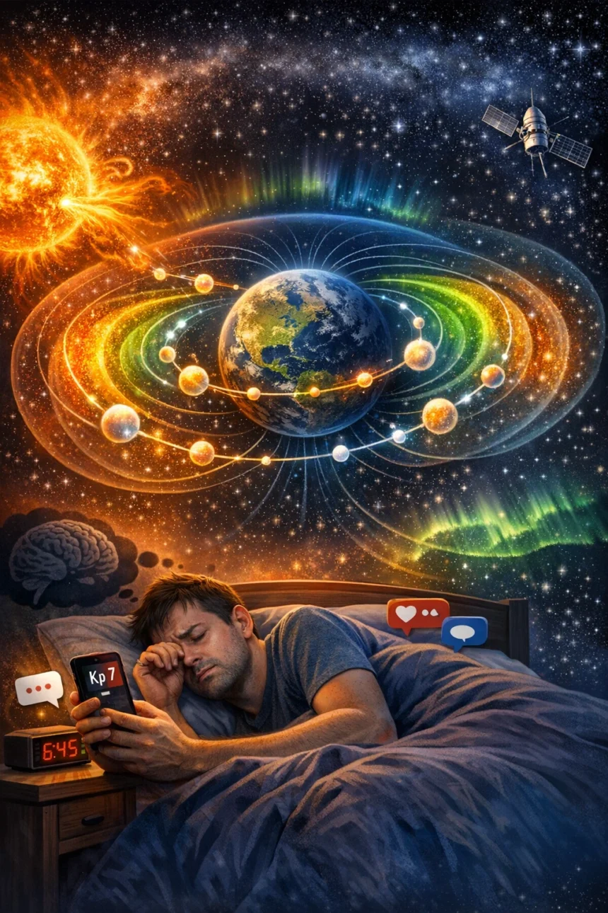 Unavený muž leží ráno v posteli a pozerá do telefónu s indexom Kp 7, zatiaľ čo nad Zemou sú zobrazené Van Allenove radiačné pásy a slnečná aktivita.