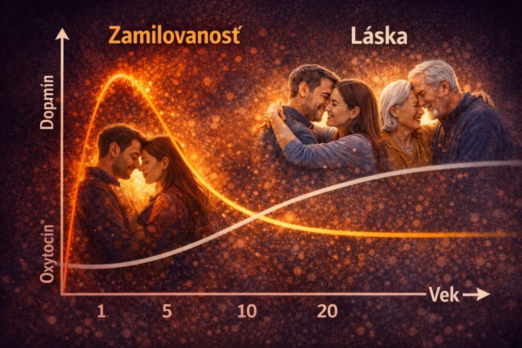 Graf znázorňuje neurochemickú transformáciu vzťahu. Zatiaľ čo dopamín (vášeň) dominuje v prvých rokoch, oxytocín (pripútanosť) buduje stabilitu a hlbokú lásku v neskoršom veku.