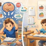 Kreslená ilustrácia porovnávajúca dve situácie: Zmätený školák s preťaženou pracovnou pamäťou v chaotickom prostredí a organizovaný školák v upratanej izbe s vizuálnym rozvrhom a piktogramami, ktorý sa sústredí na učenie.